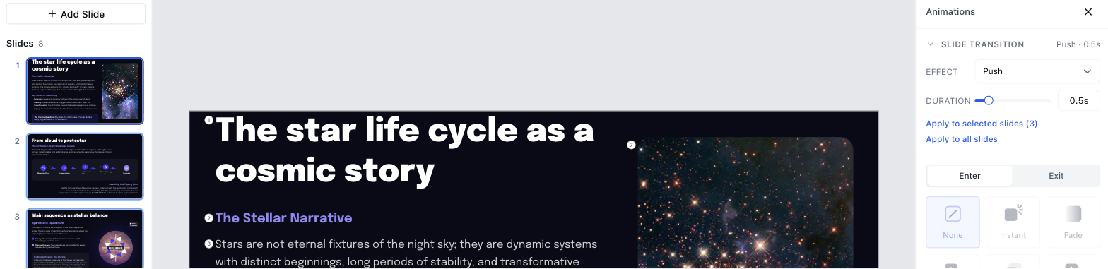 Three slide thumbnails selected in the sidebar, with an apply-to-selected-slides action showing above Apply to all slides in the transition controls