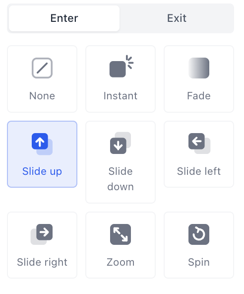 The Enter and Exit tabs above nine effect tiles: None, Instant, Fade, Slide up, Slide down, Slide left, Slide right, Zoom and Spin, with Slide up highlighted as the selected element's current effect