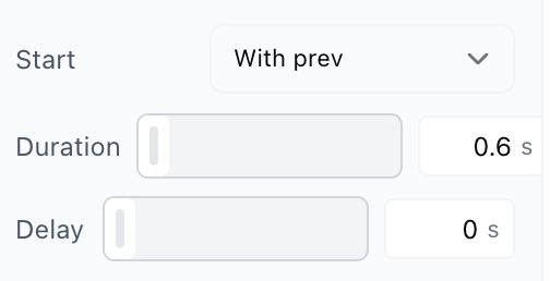 The timing footer with Start set to With prev, a Duration slider reading 0.6 seconds, and a Delay slider reading 0 seconds