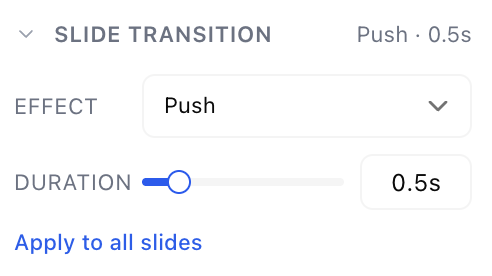 The slide transition controls with Effect set to Push, a duration slider reading 0.5 seconds, and an Apply to all slides link