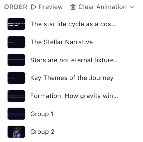 The order list with Preview and Clear Animation controls above seven rows, each showing a thumbnail of the element it animates