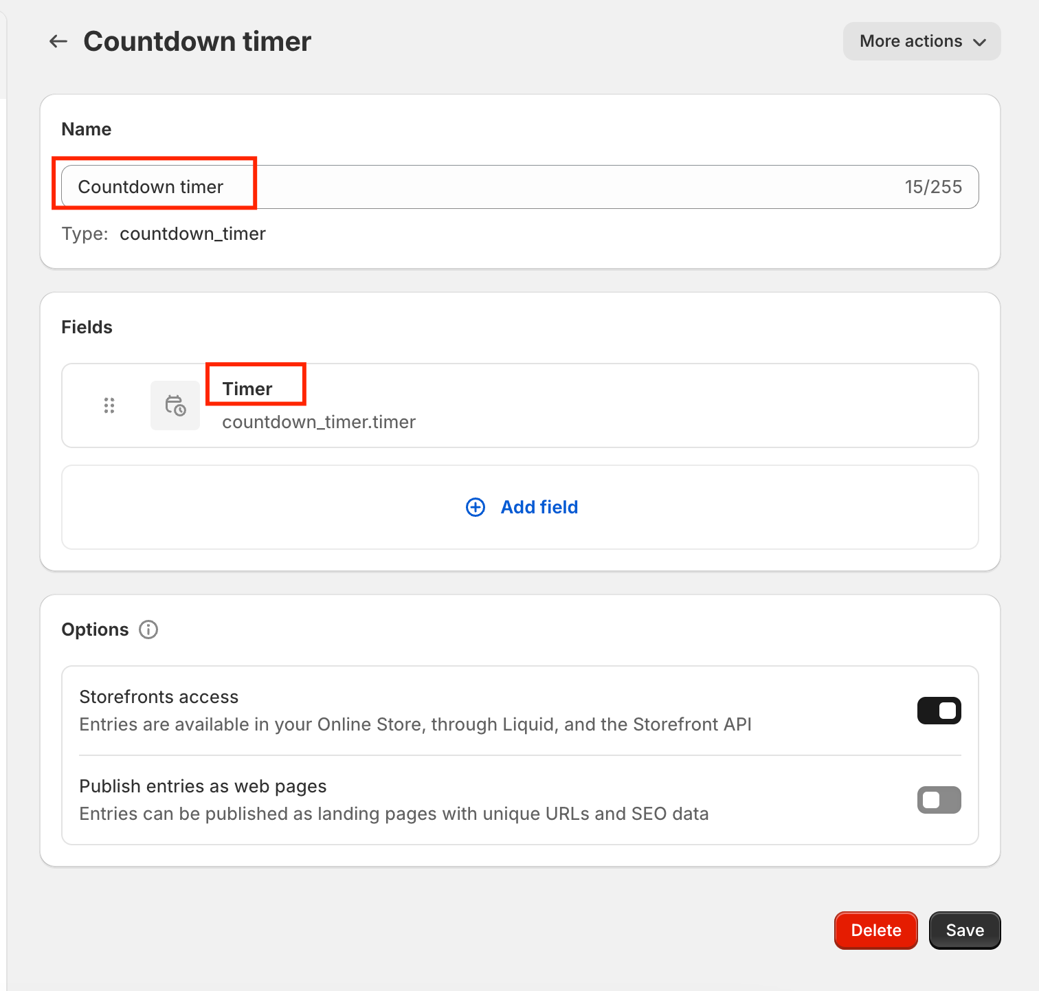Countdown timer metaobject definition with a Timer field