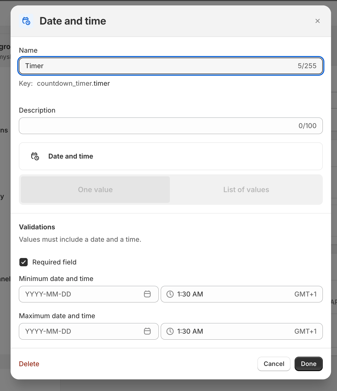 Timer field configured with the Date and time type
