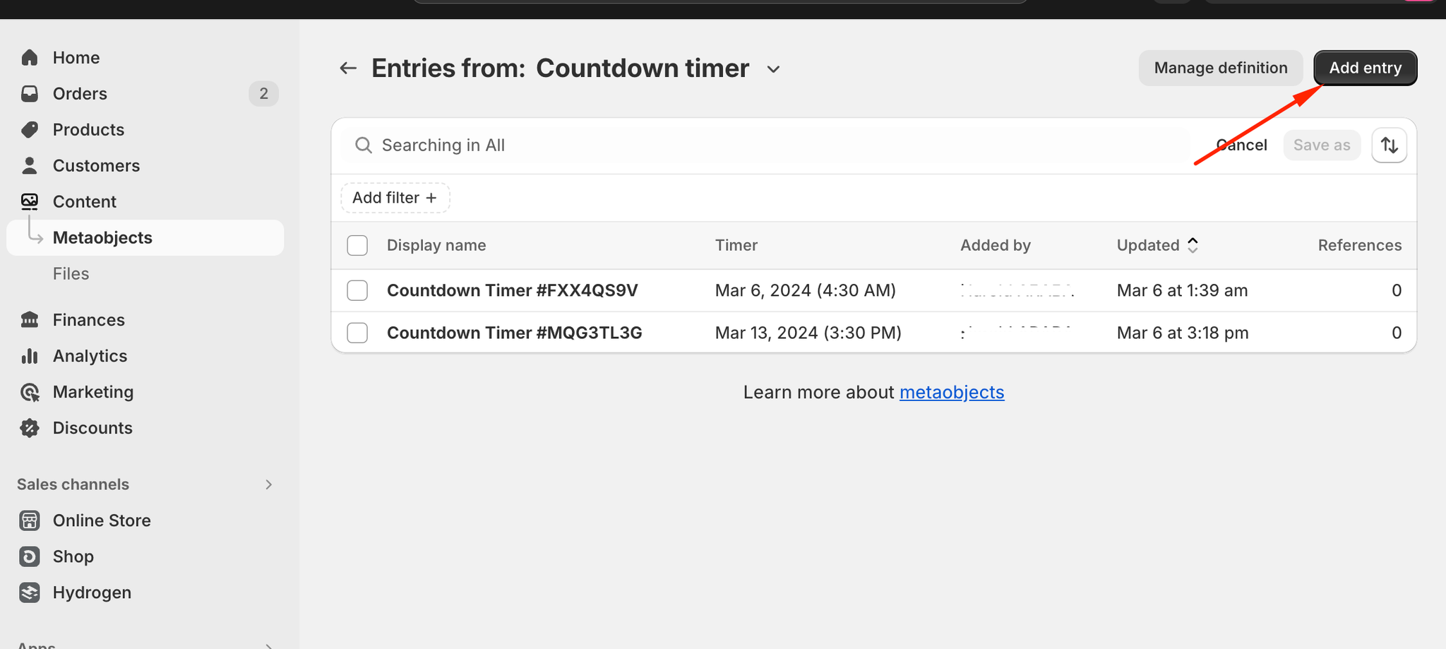 Add an entry to the Countdown timer metaobject