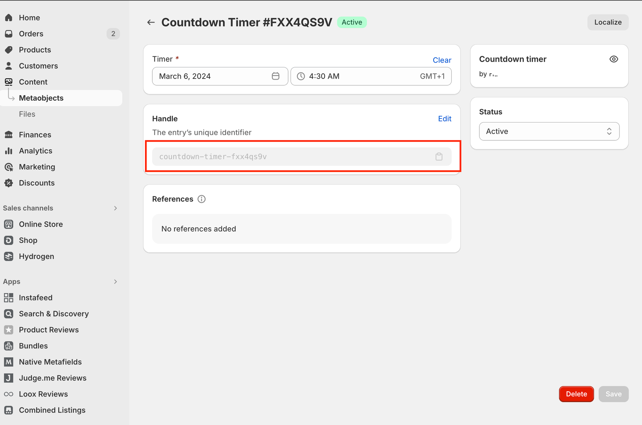 Countdown timer entry with its handle value