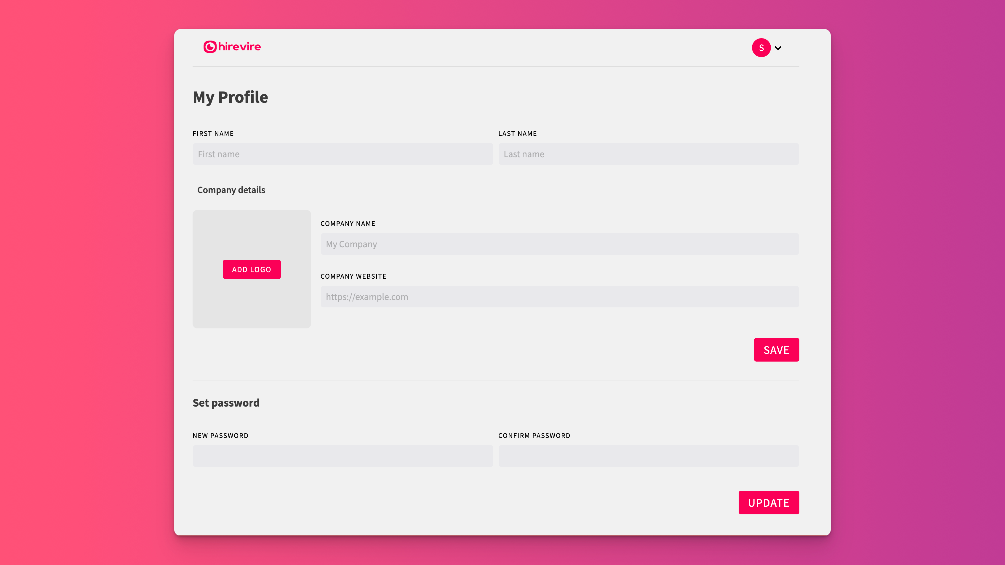 Profile page for company name and logo