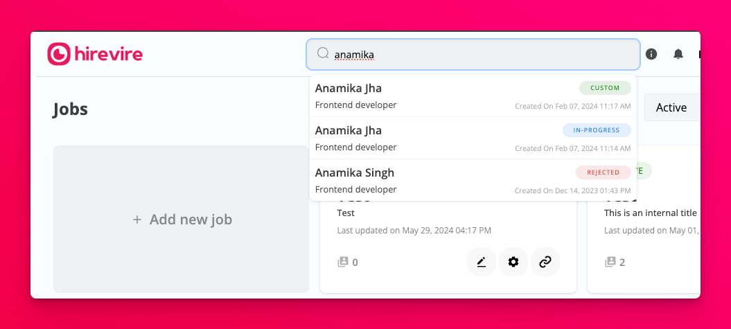 Dashboard candidate search results