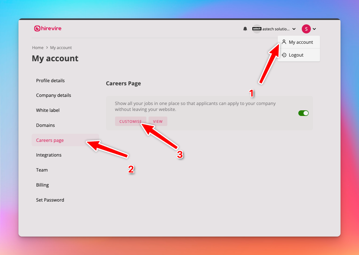 Careers page customization settings
