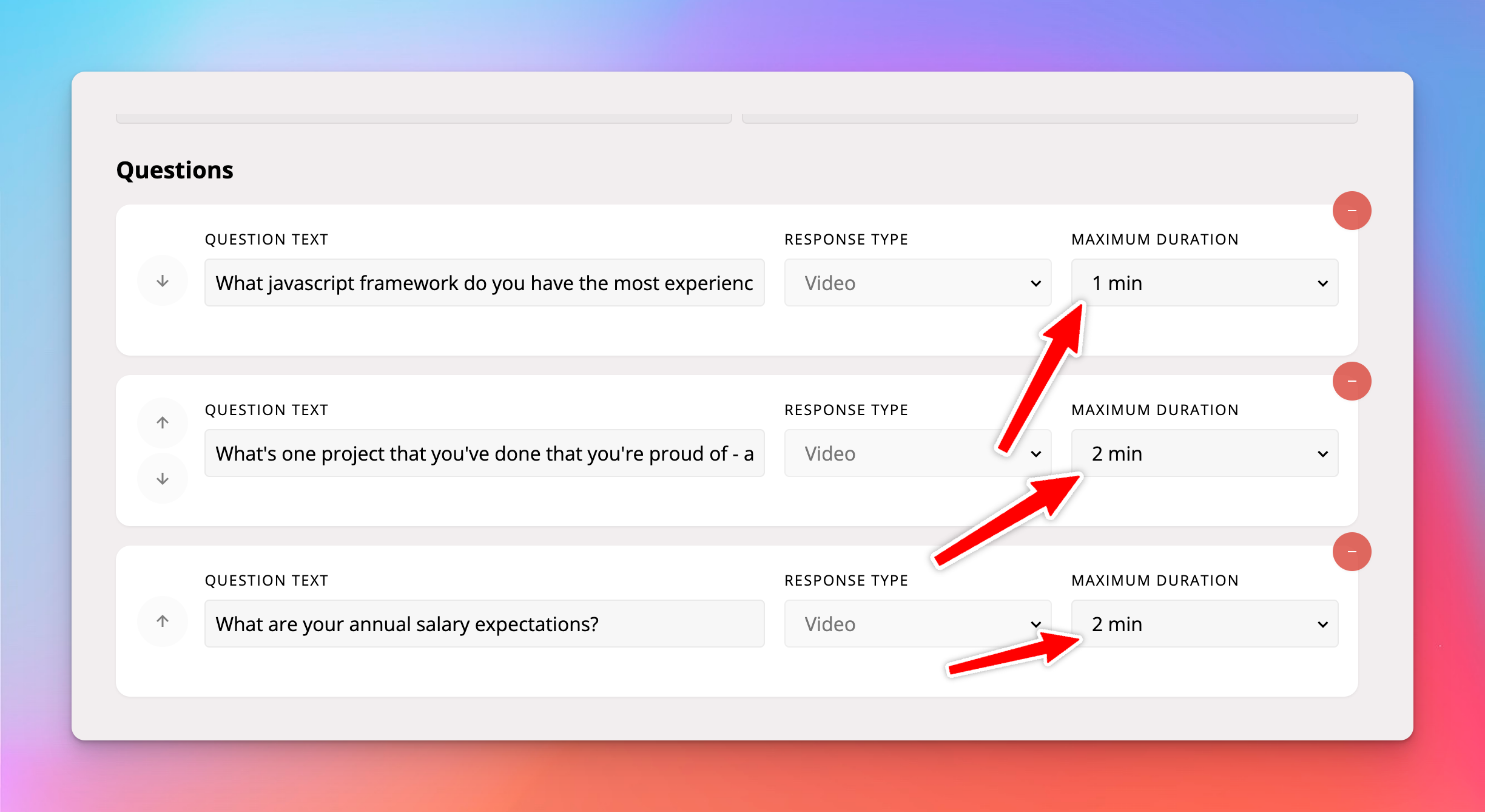 Maximum duration setting for video questions