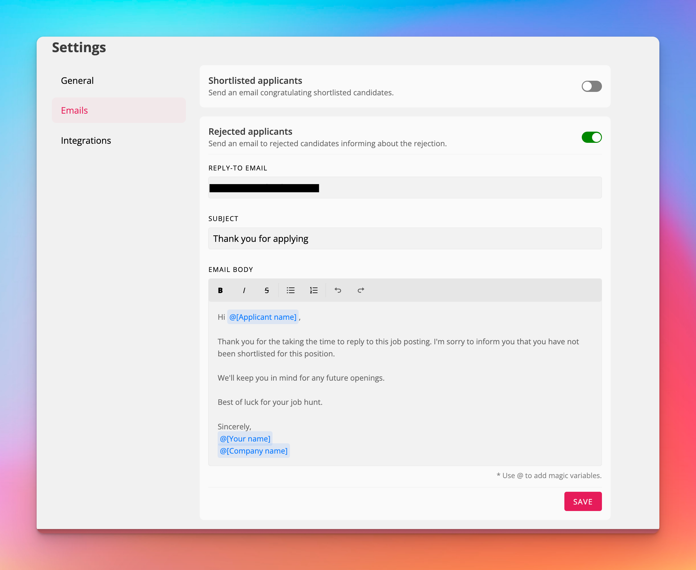 Email template editor with variables