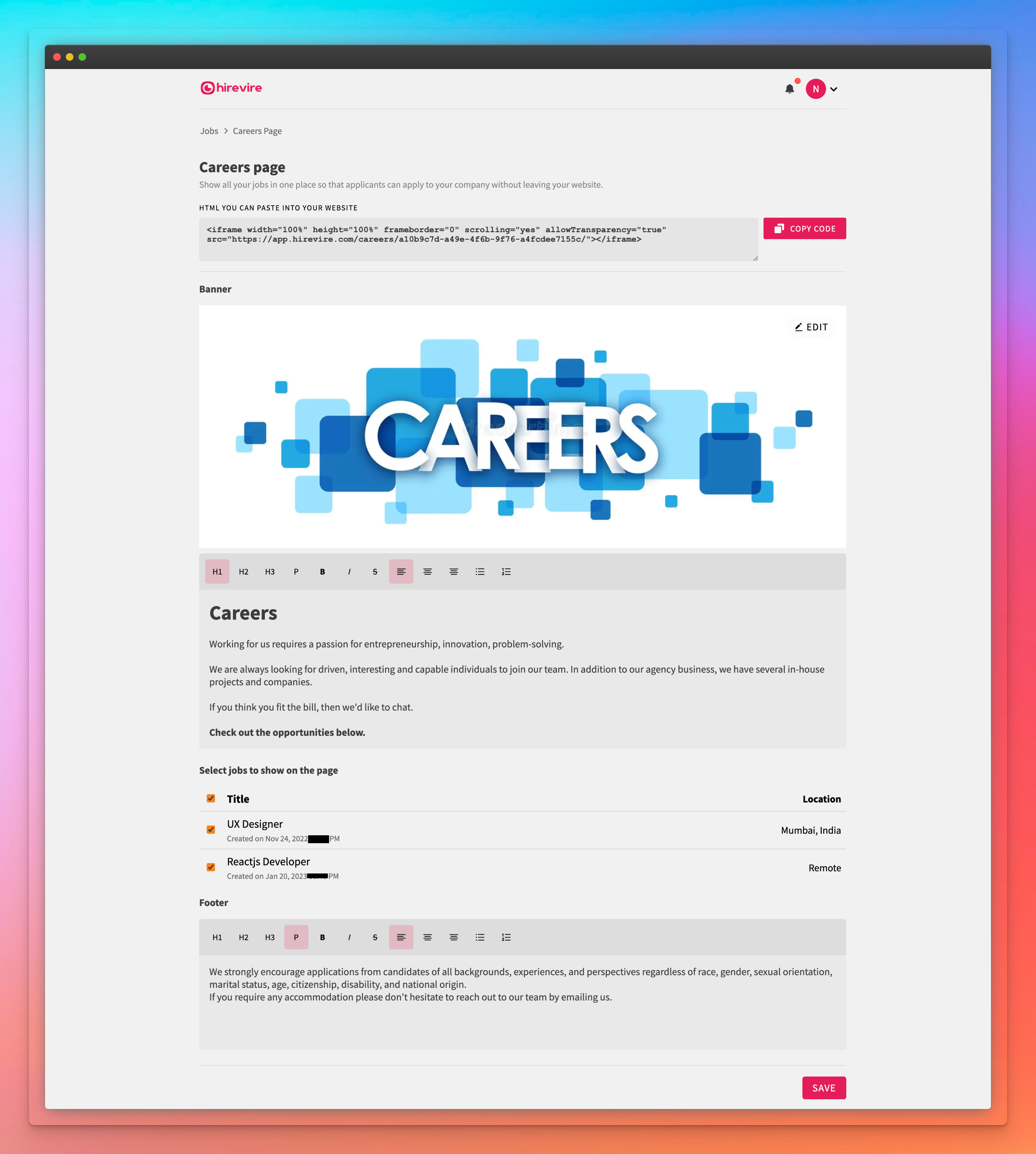 Resulting custom careers page
