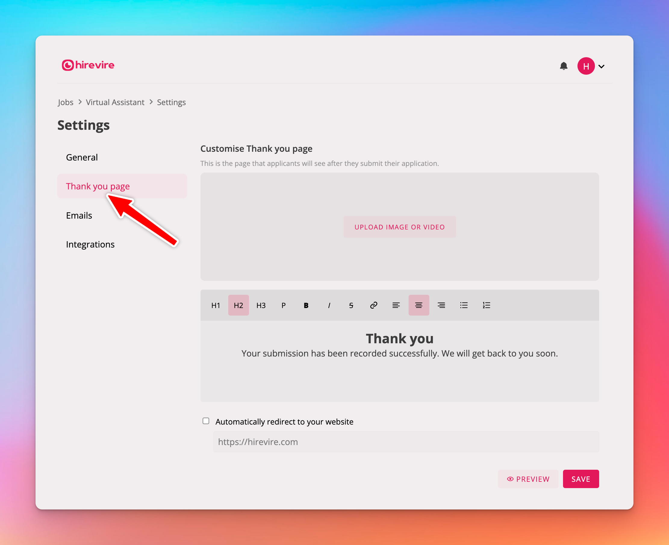 Thank you page customization interface