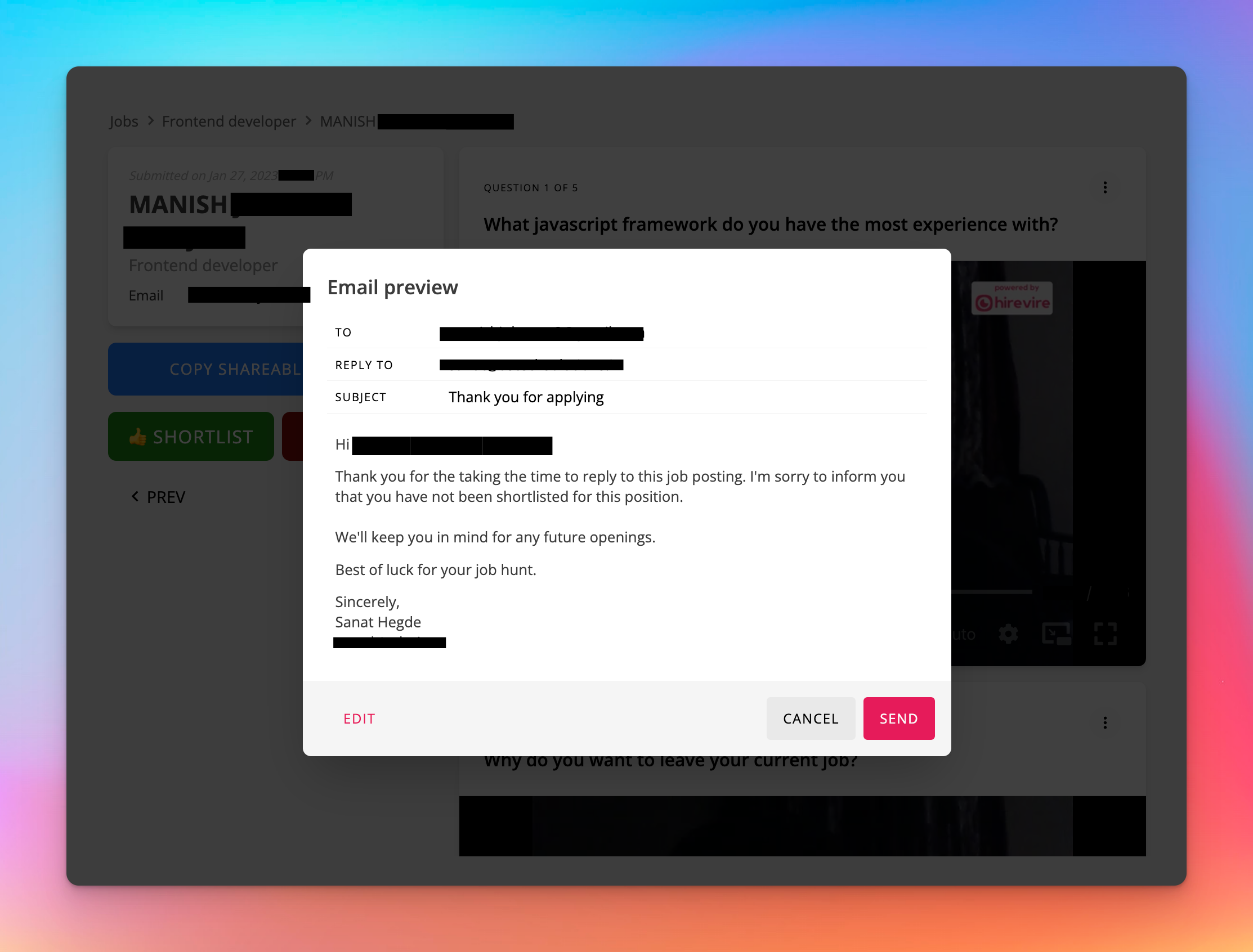 Email preview when shortlisting or rejecting