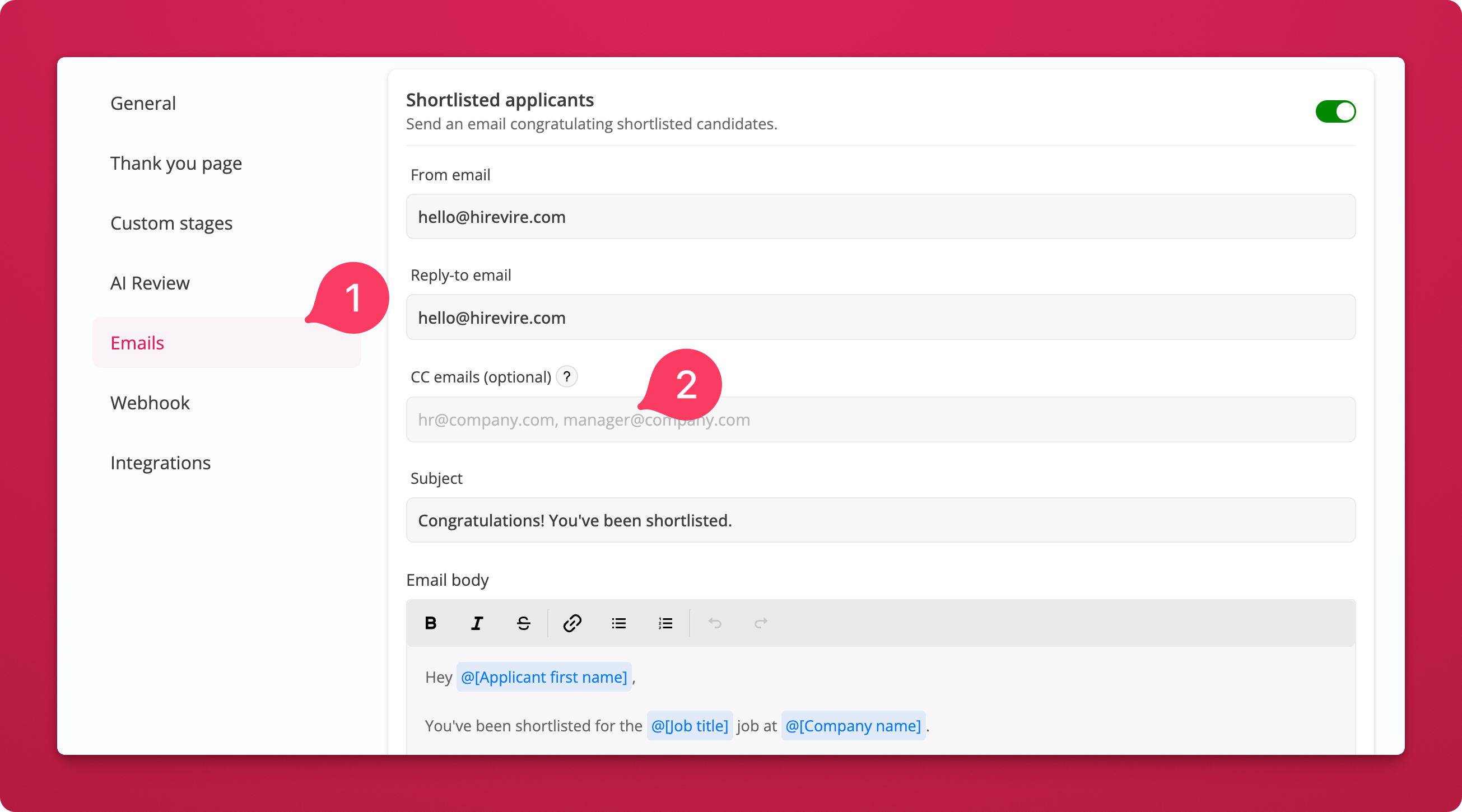 Adding CC addresses to an email template