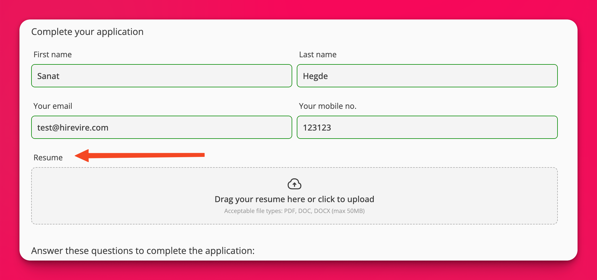 Resume upload on the application start page