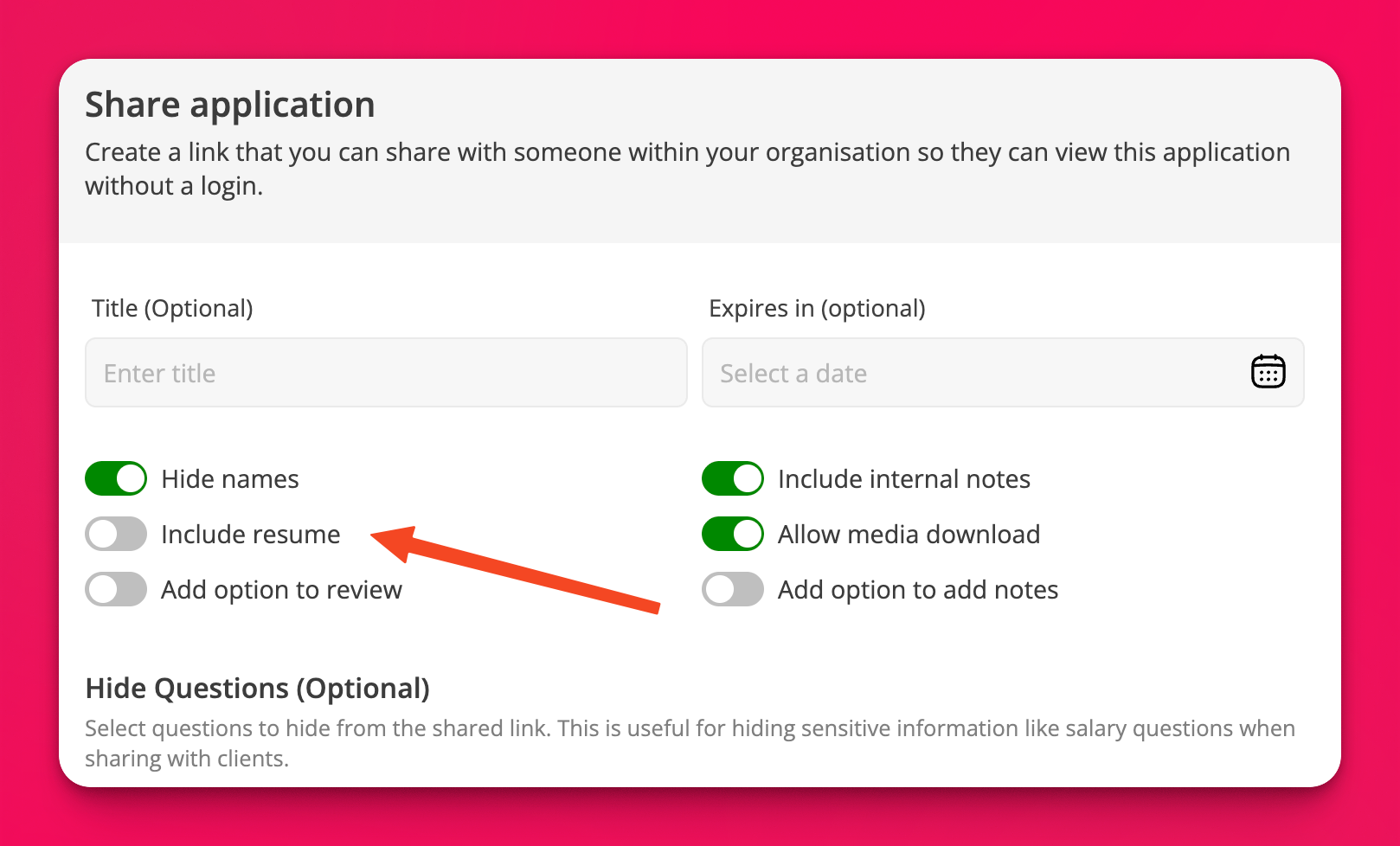 Option to show the resume on the shared link page
