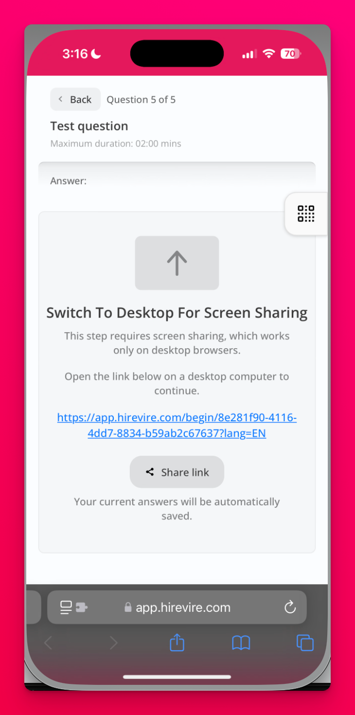 Mobile candidates instructed to use a desktop device