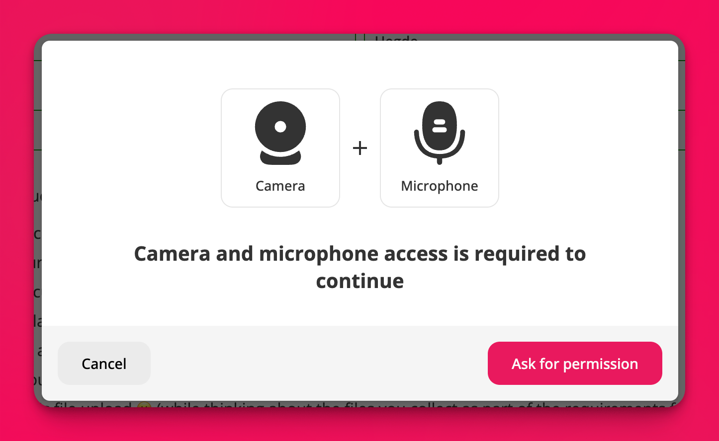 Camera and microphone permission prompt