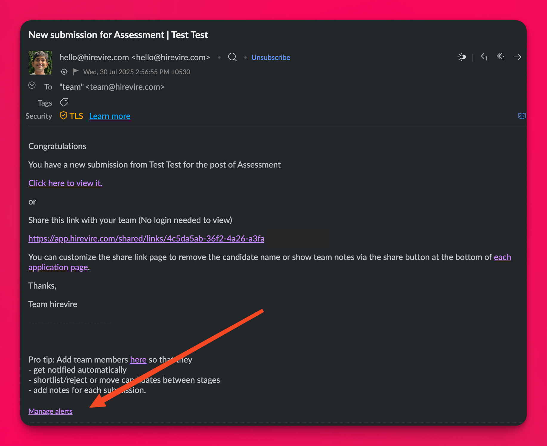 Manage alerts option in an incoming email