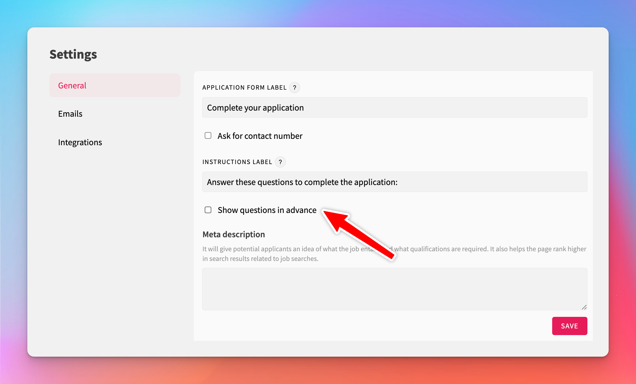 Job settings question display control