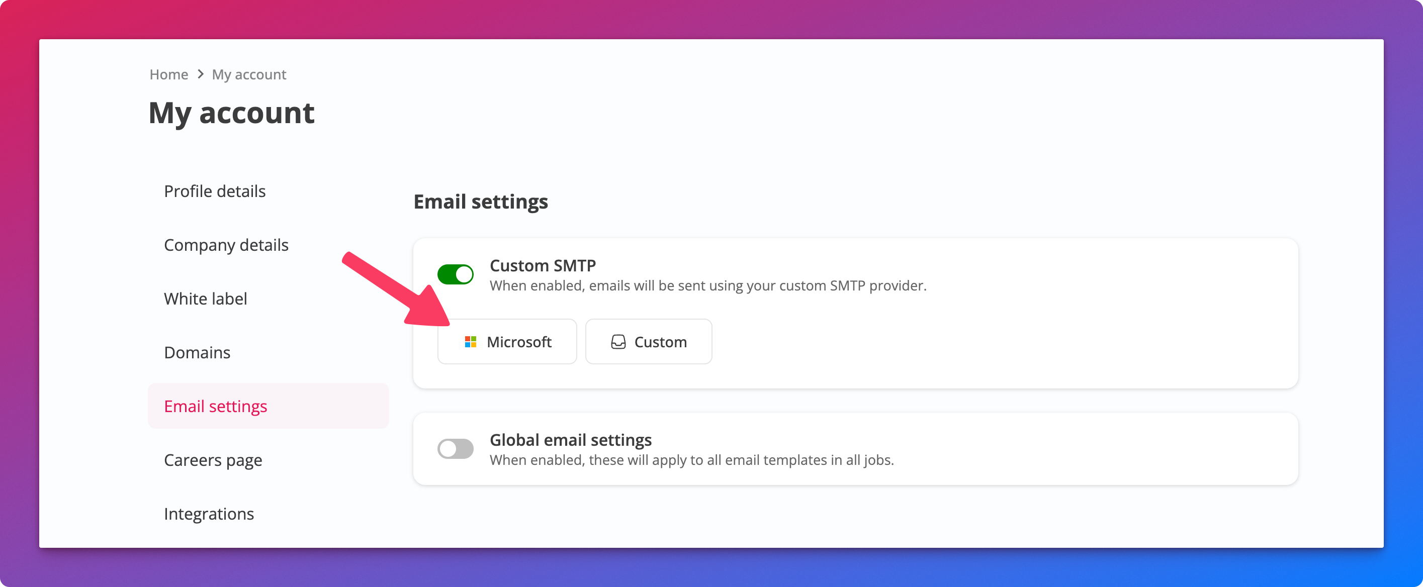 Microsoft OAuth connection in email settings
