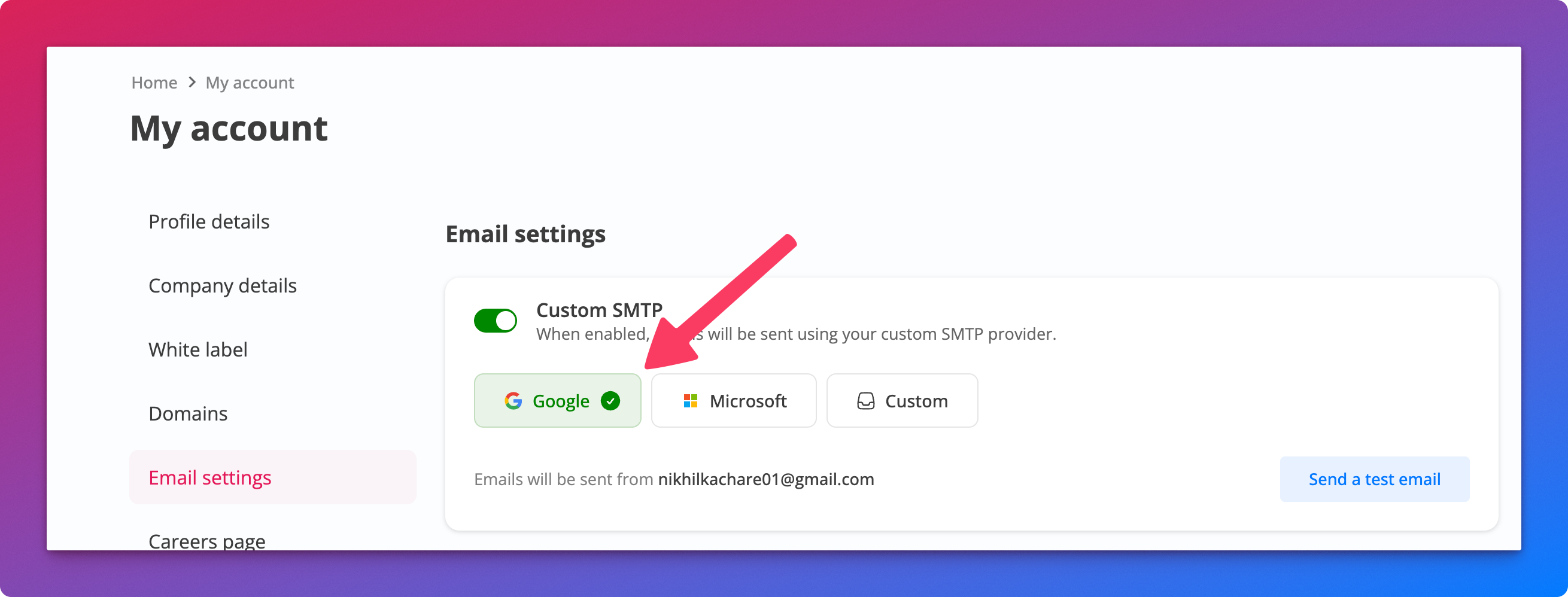 Google OAuth connection in email settings