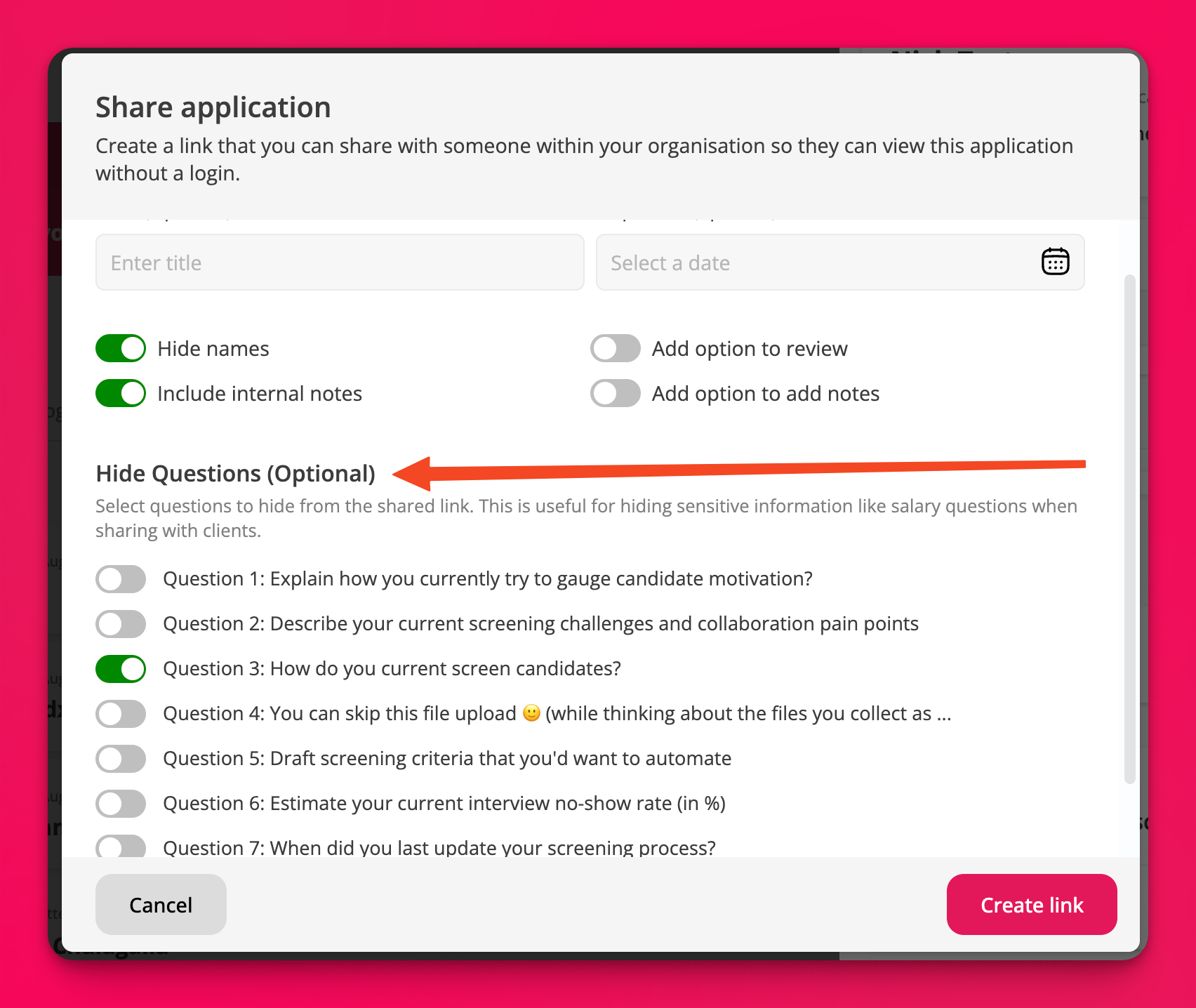 Hiding specific questions on a shared link