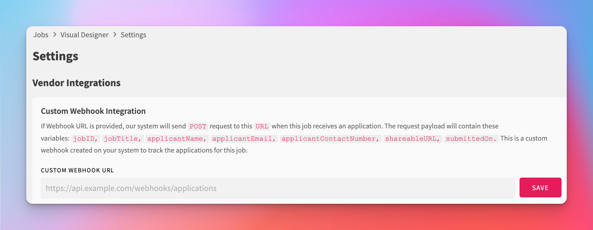 Webhook settings view