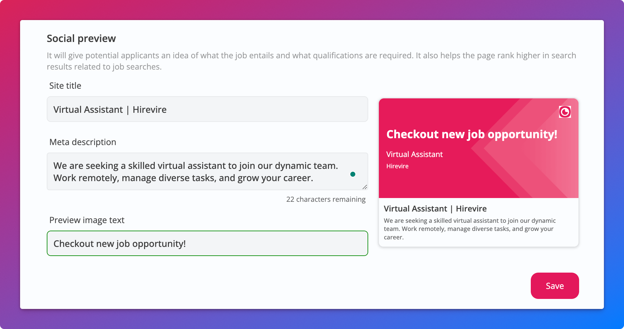 Site title and social link preview settings