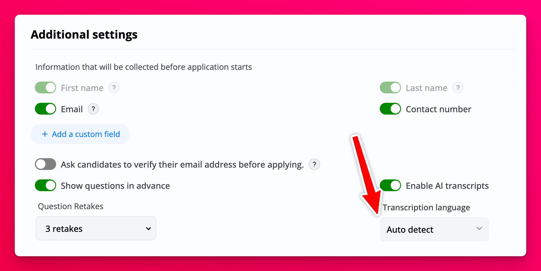 Transcription language setting
