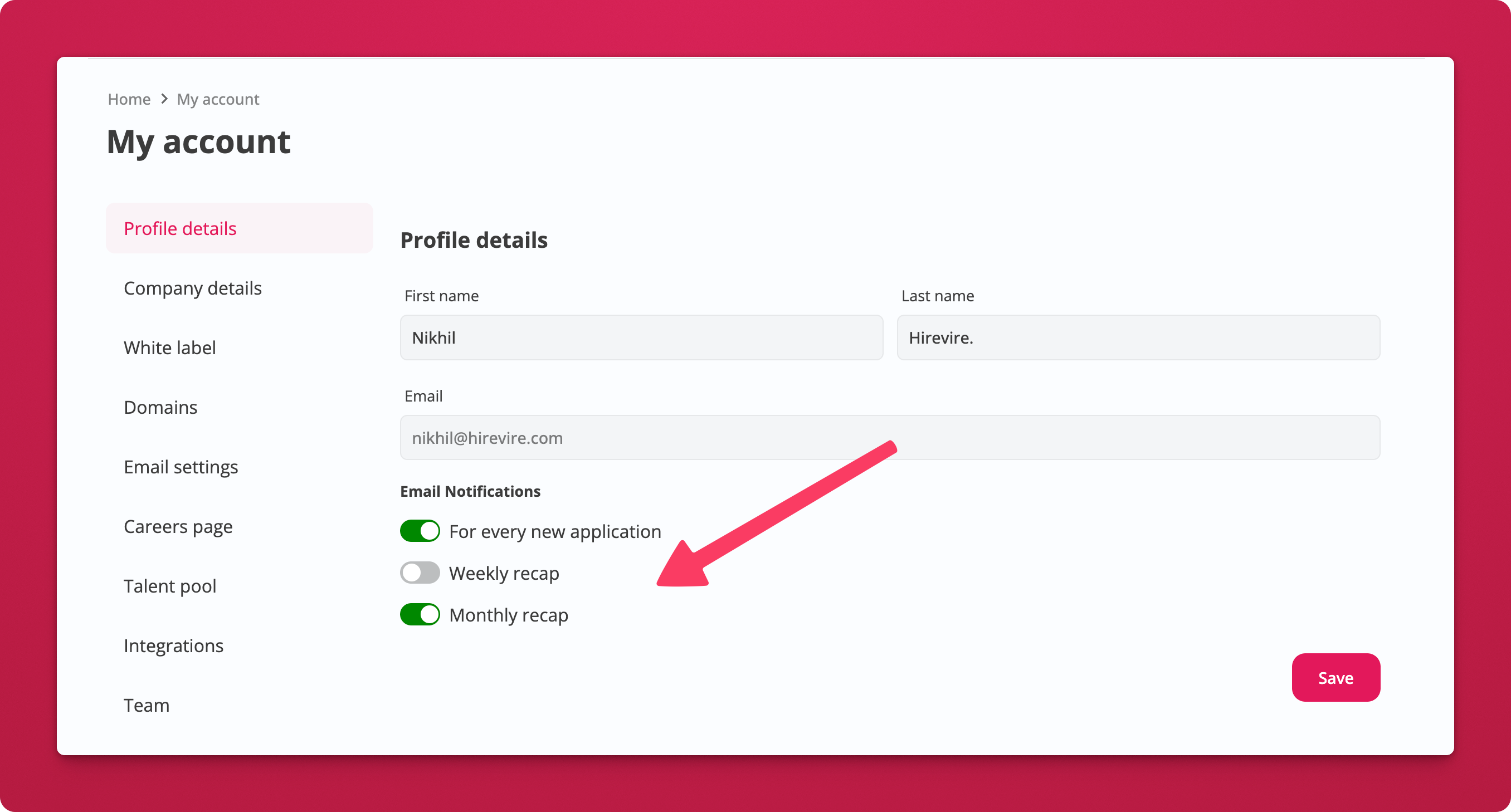 Recap email settings in profile details