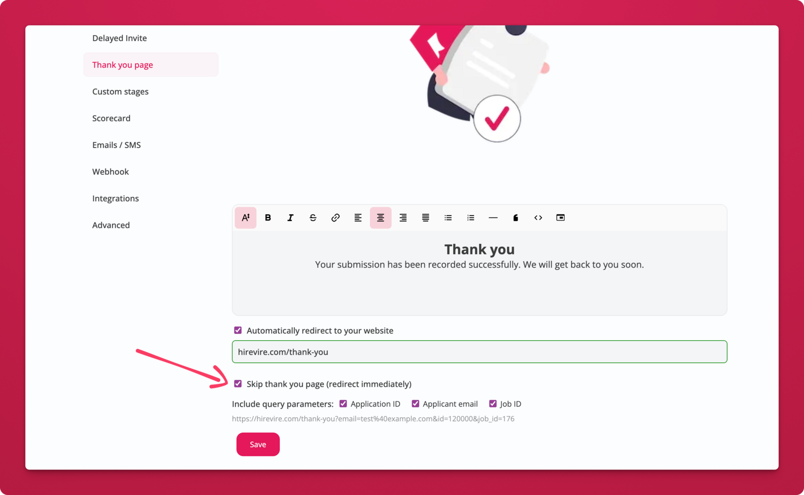 Skip thank you page redirect option