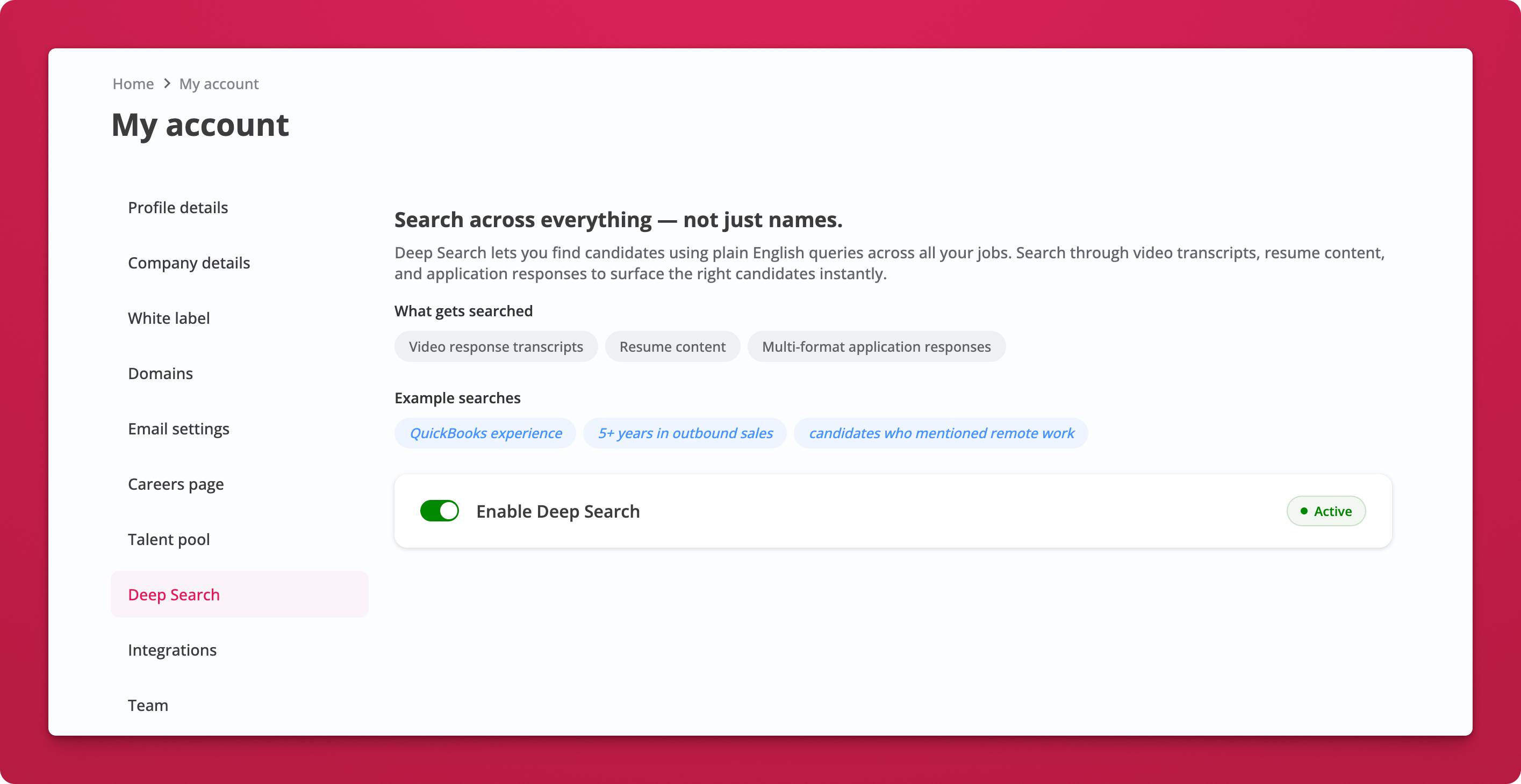 Deep Search toggle in account settings