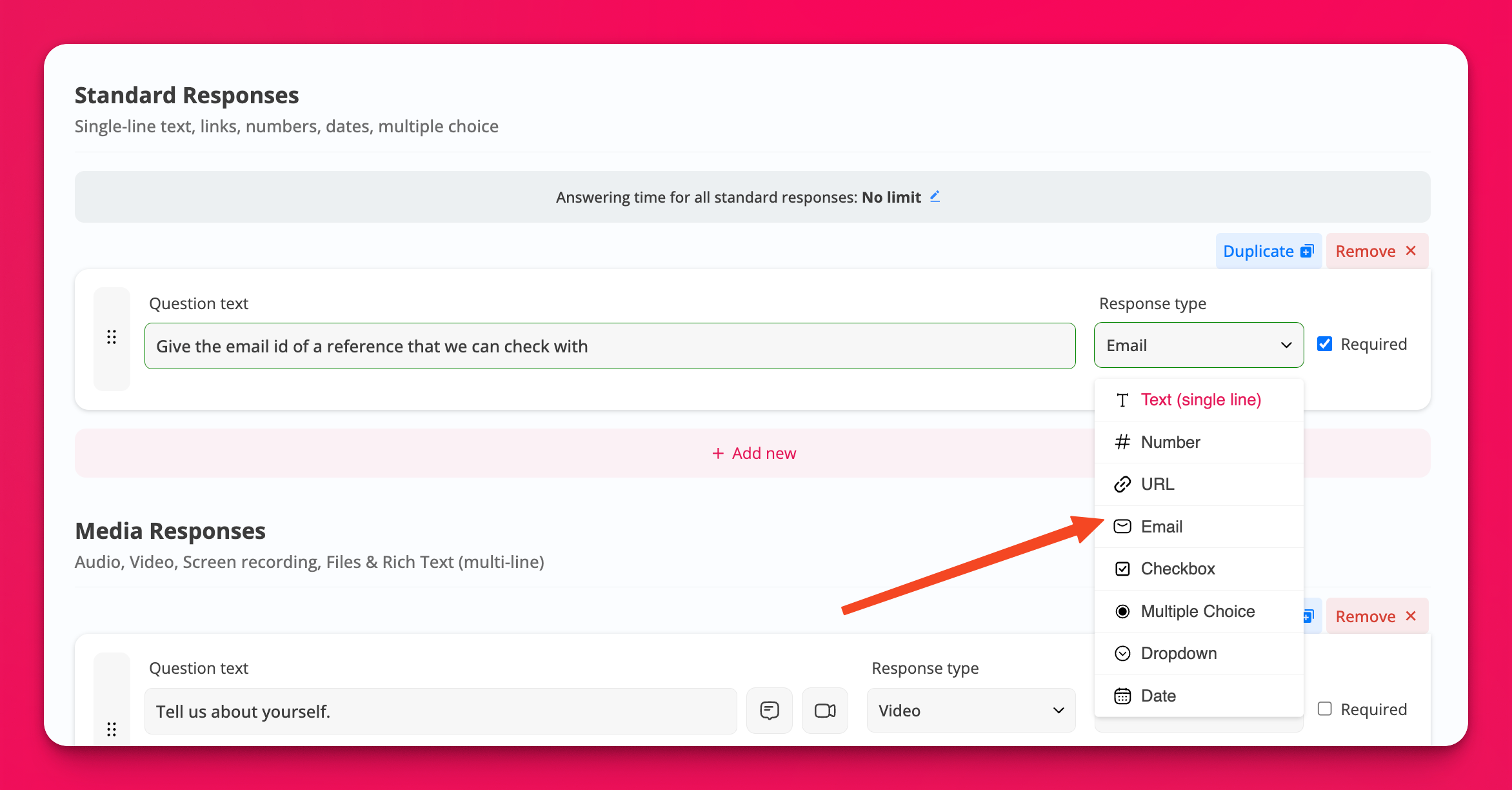 Email address standard response type