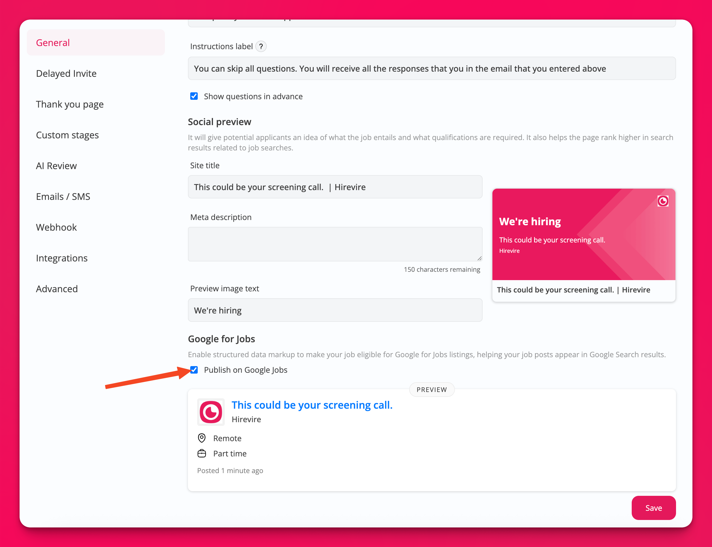 Publish on Google Jobs setting