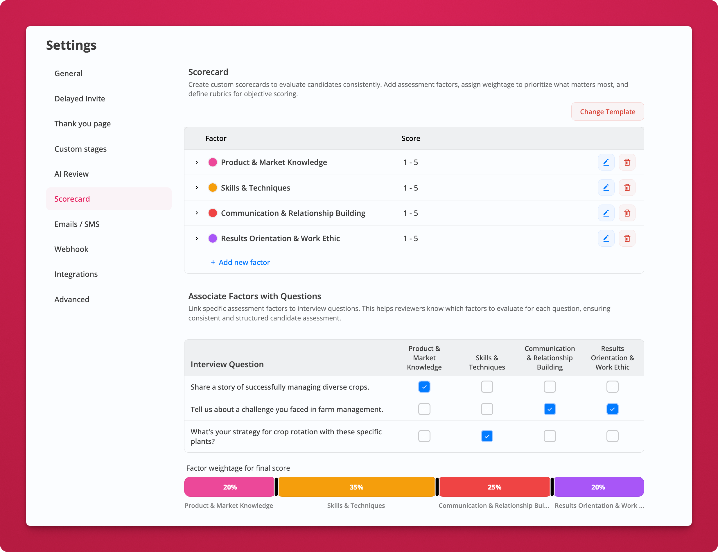 Scorecard configuration with weighted criteria