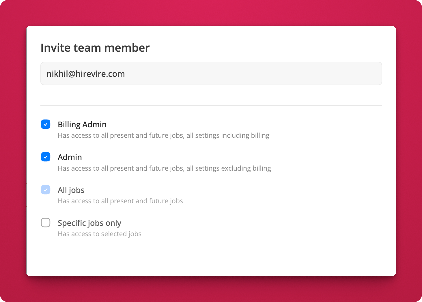 Admin and Billing Admin role selection