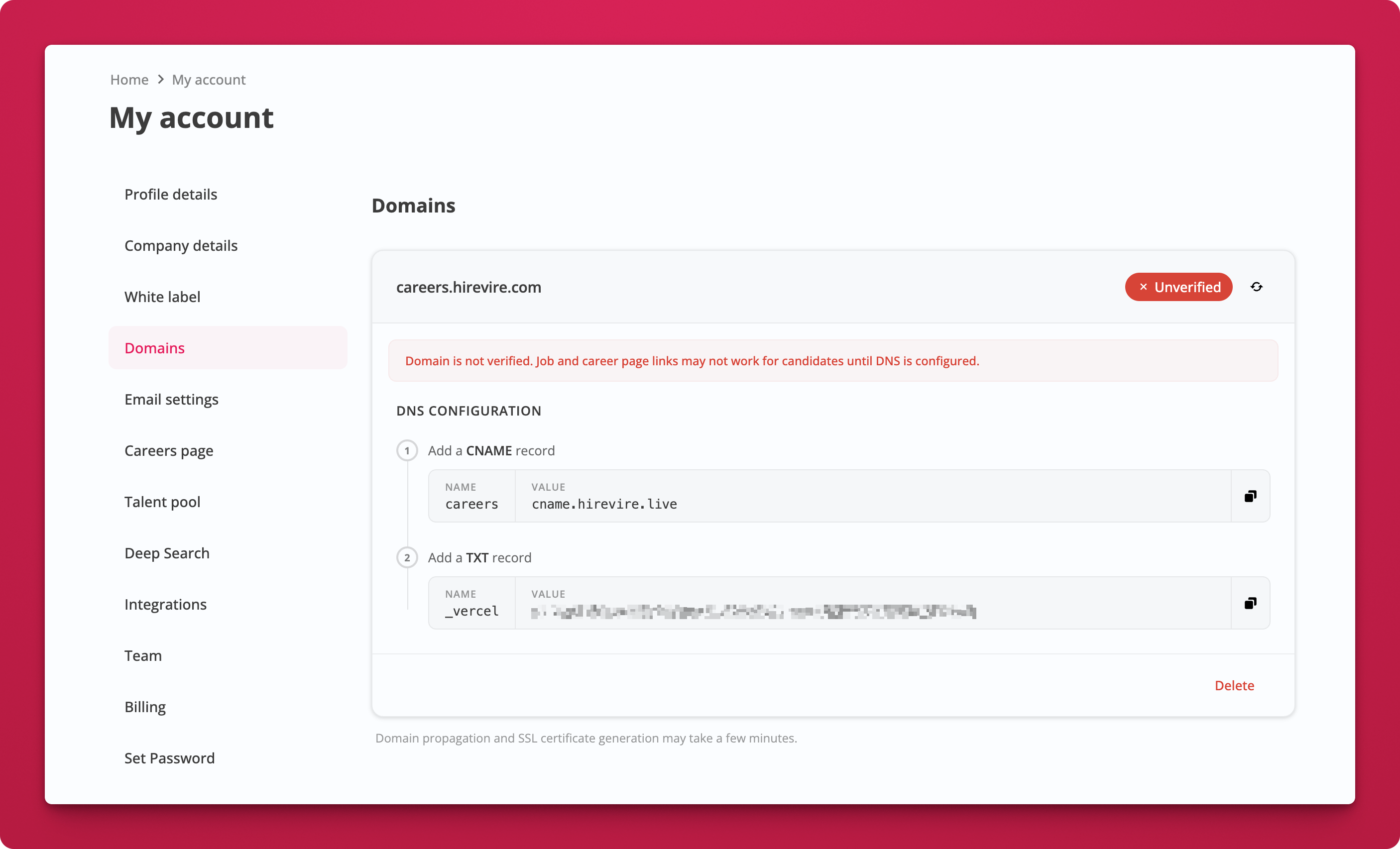 DNS configuration guide in Domains settings
