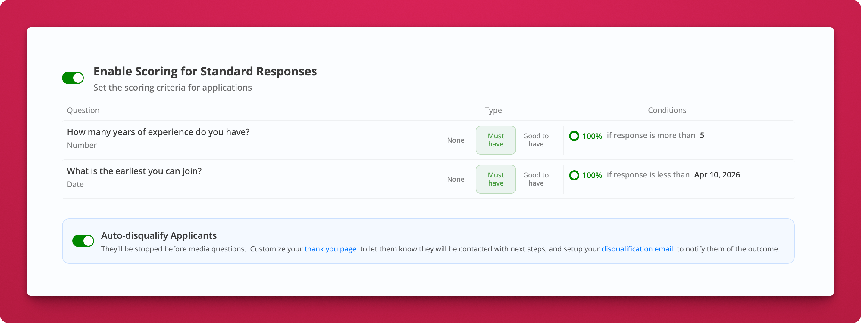 Auto-disqualify toggle in the scoring section