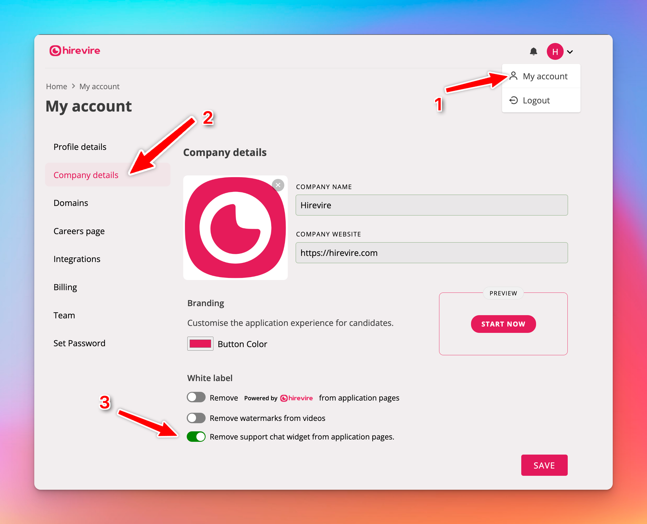 Company details toggle to remove the support chat widget