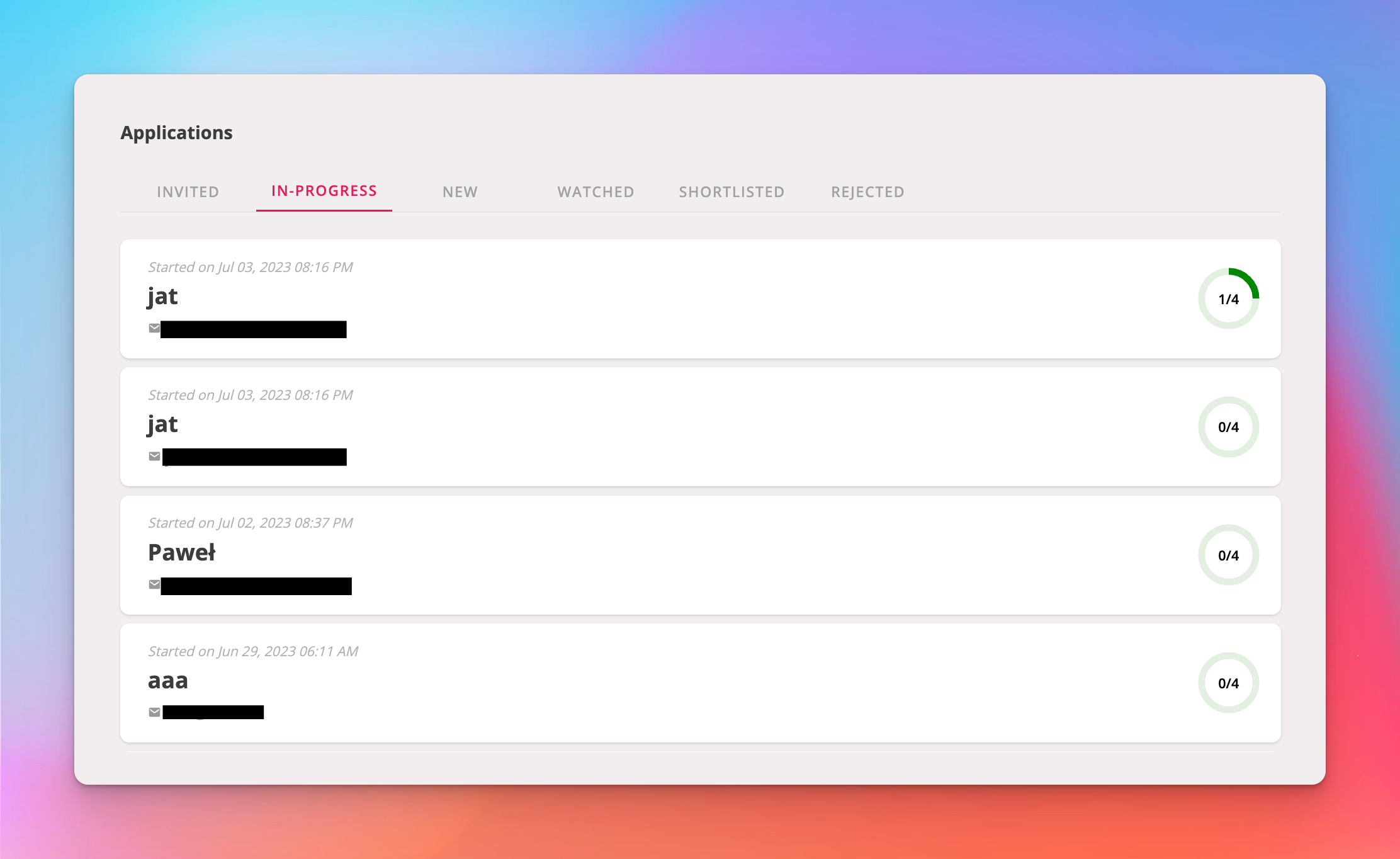 In-progress applications in the dashboard