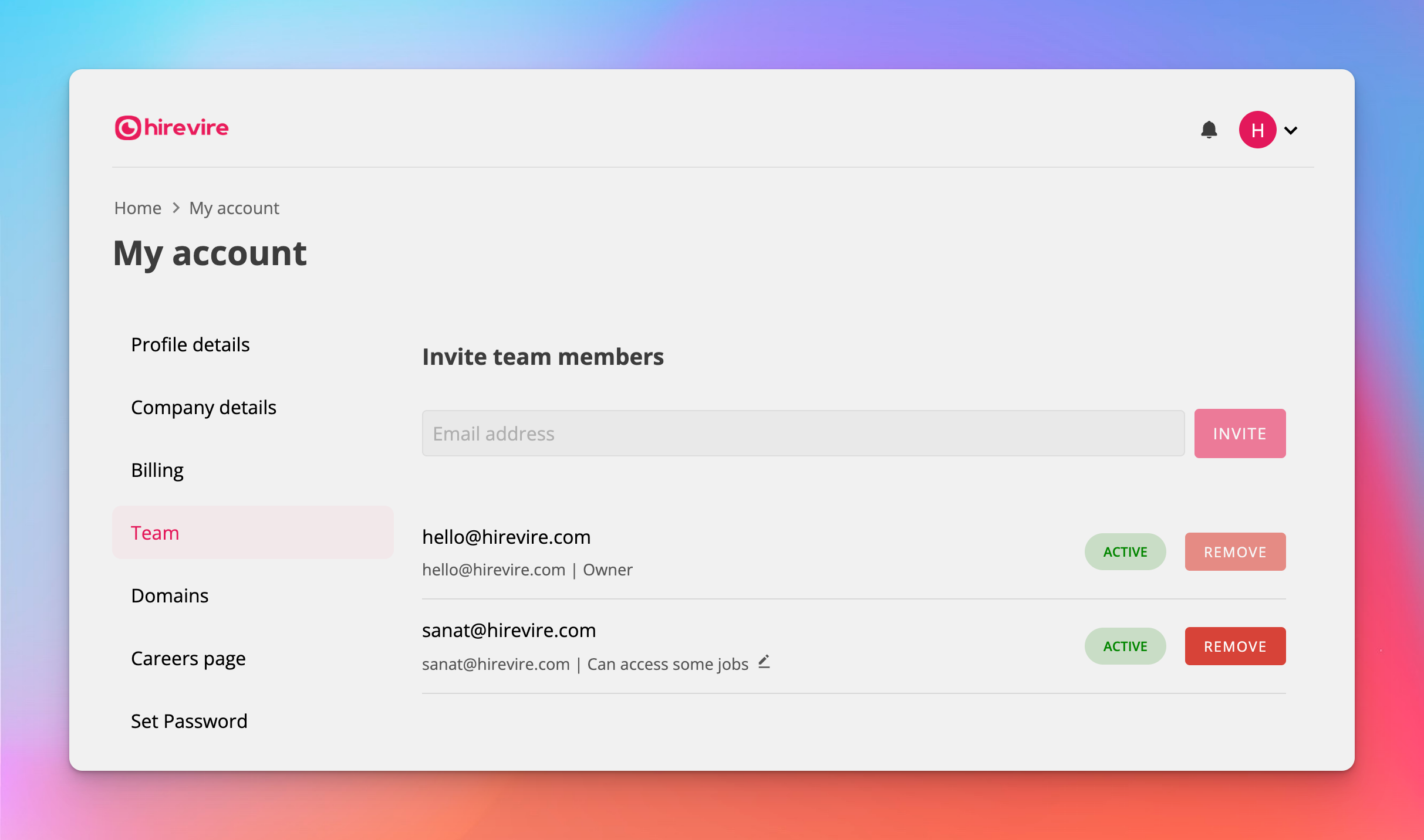 Team member management interface