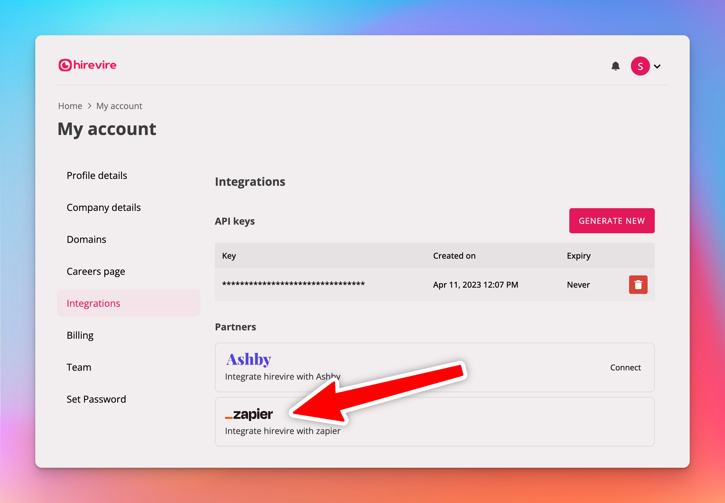 Hirevire Zapier integration setup