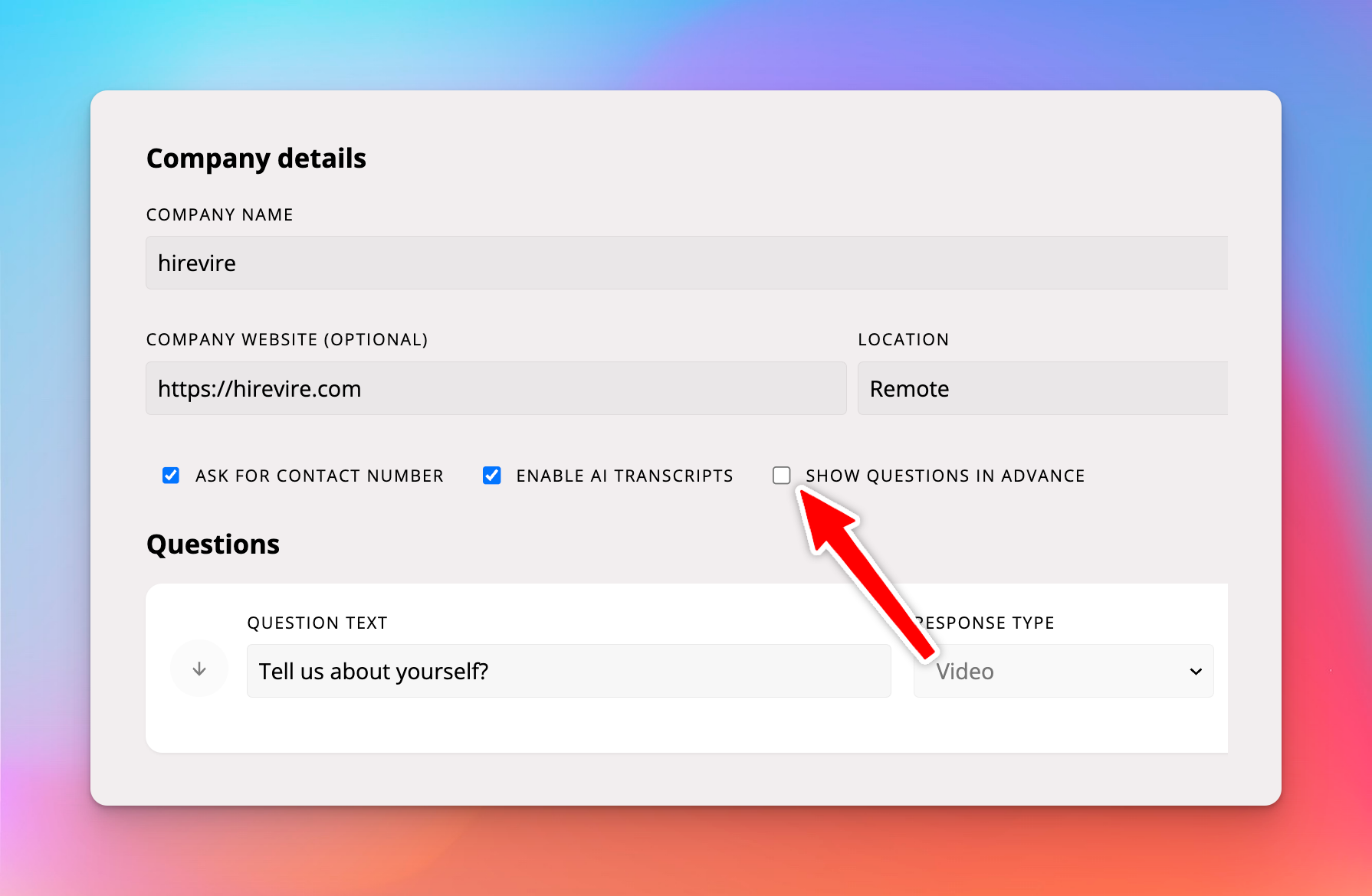 Question display setting on the main job screen