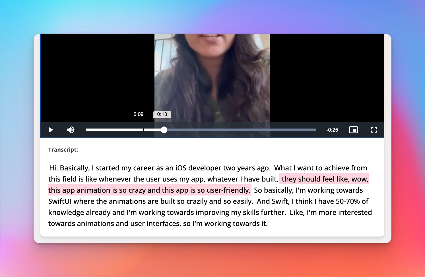 Shared application link displaying a video transcript