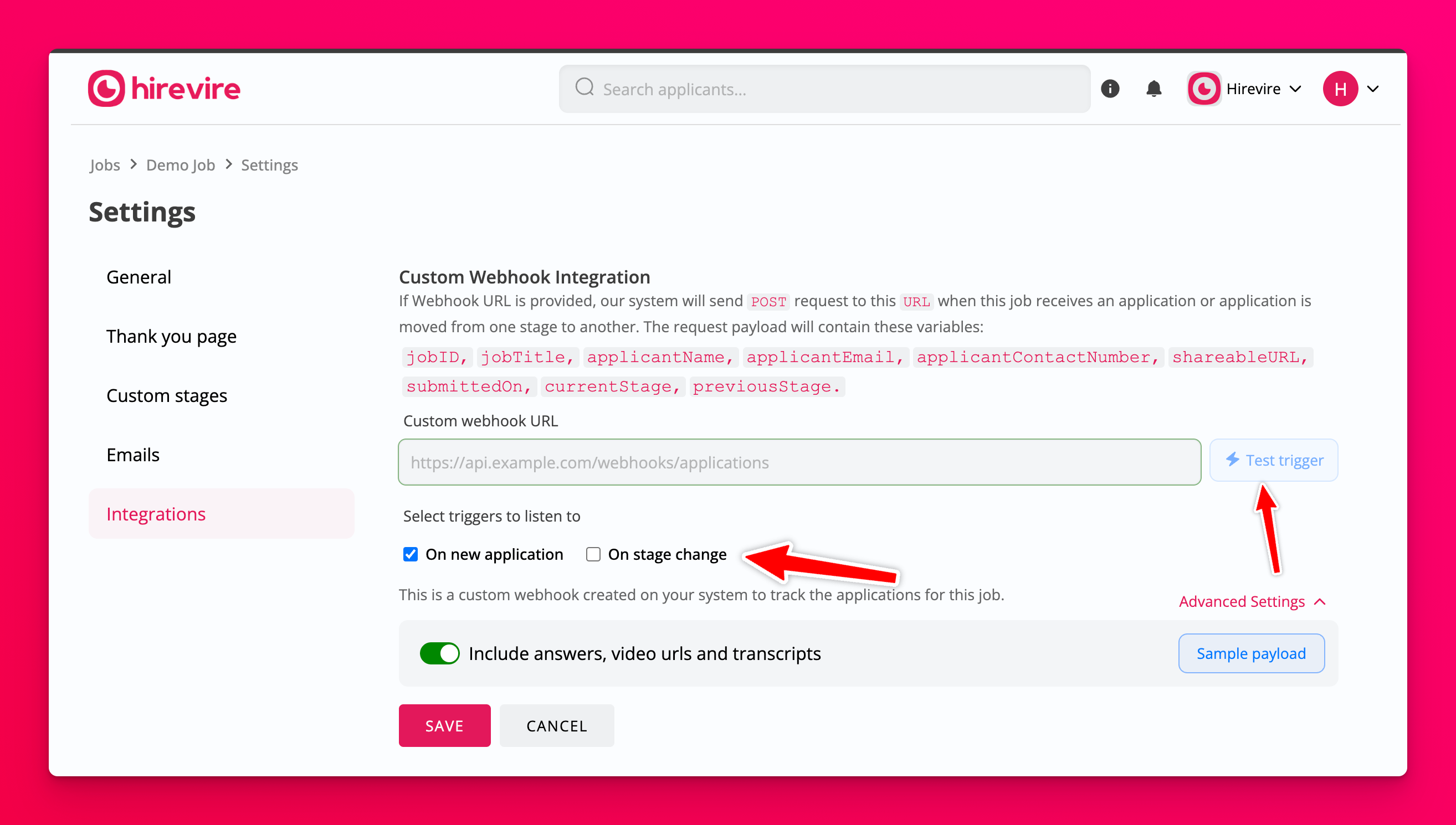 Stage-change webhook configuration