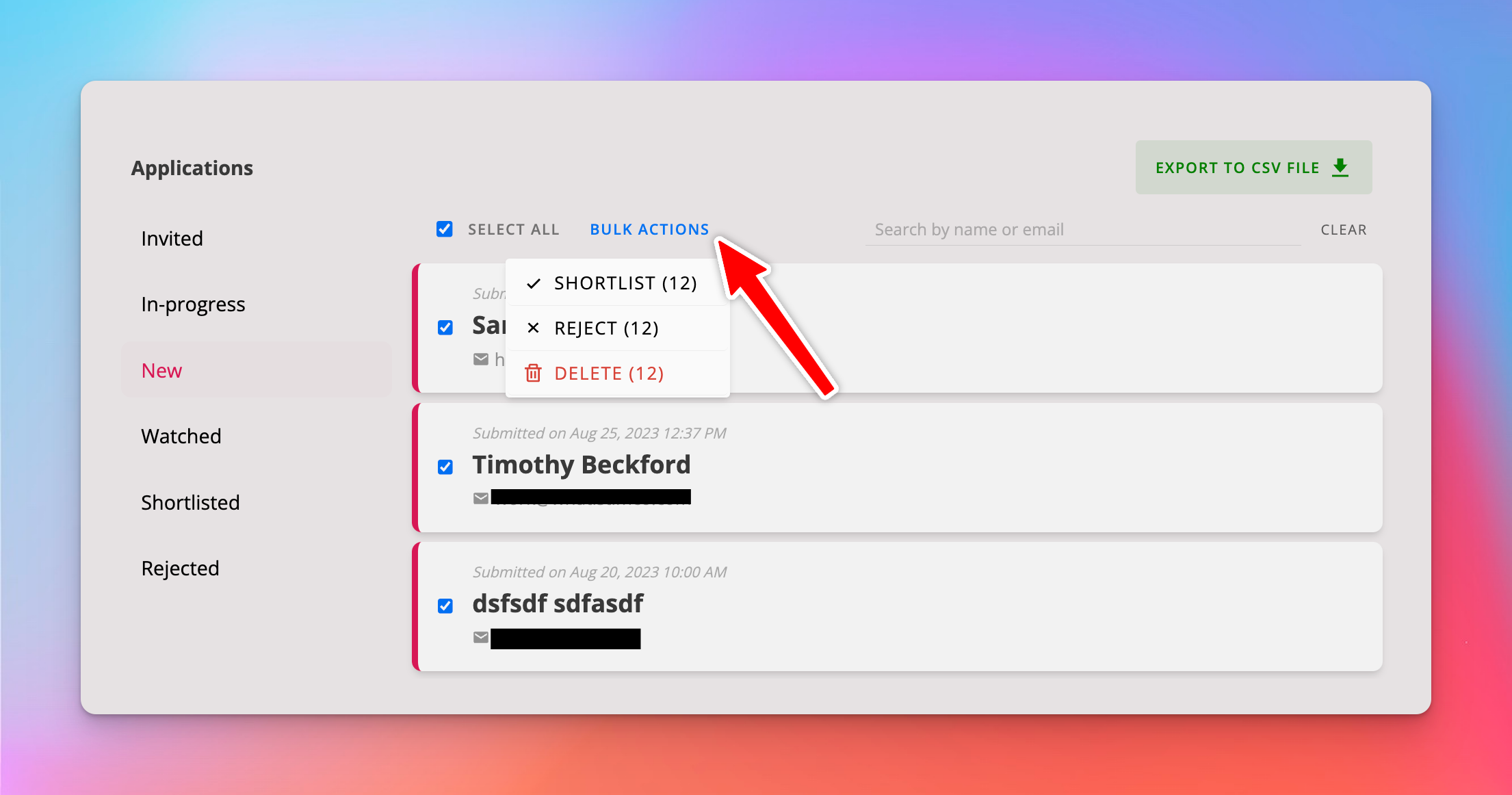Bulk application selection and stage actions