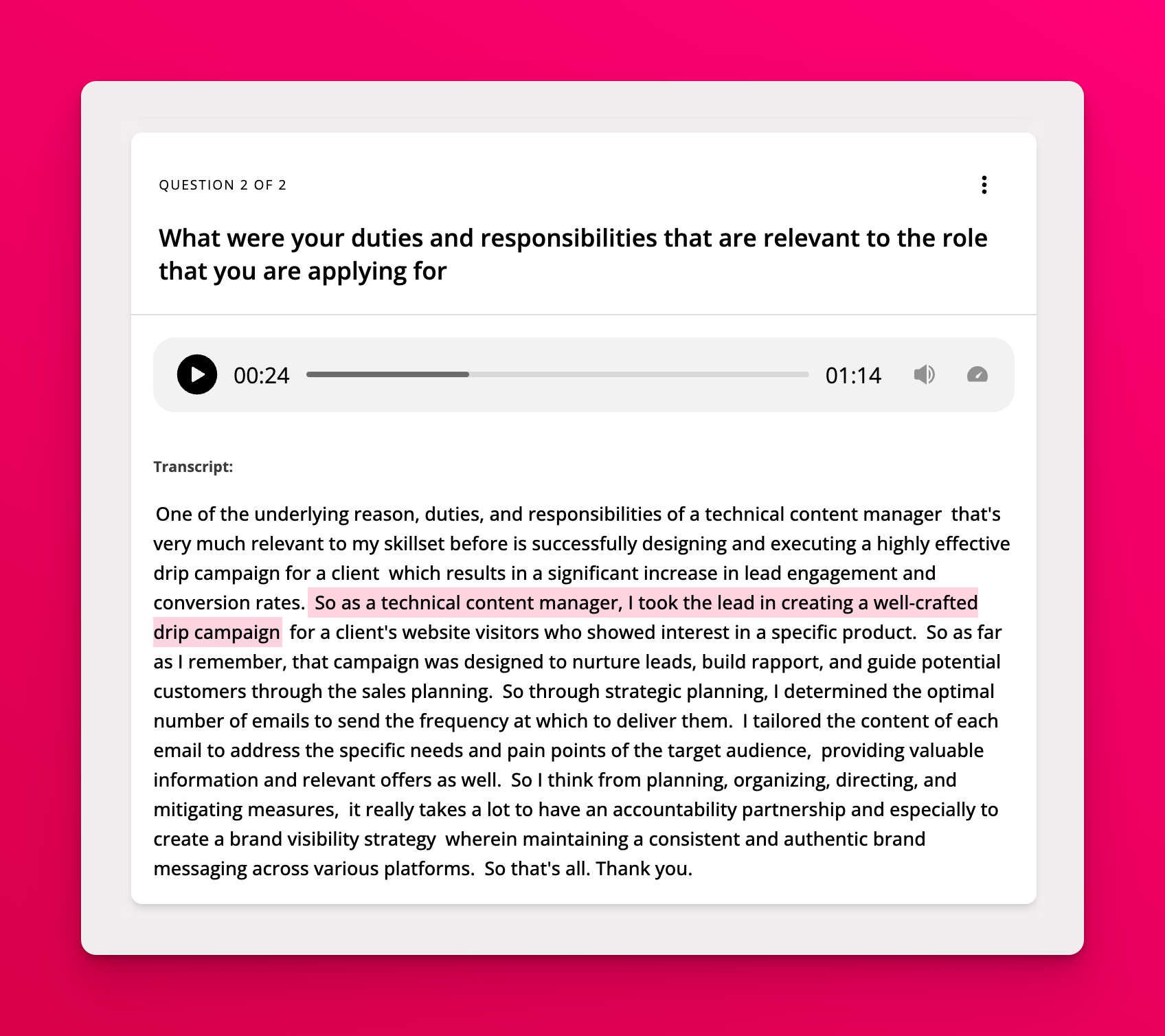 Audio response with an AI transcript