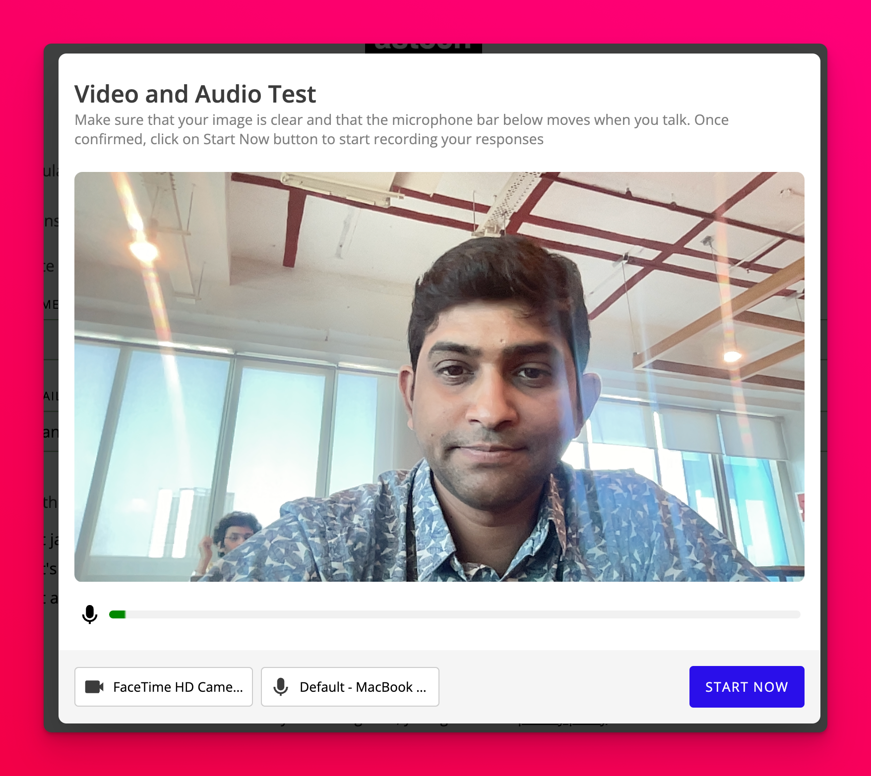 Pre-application video and audio test window