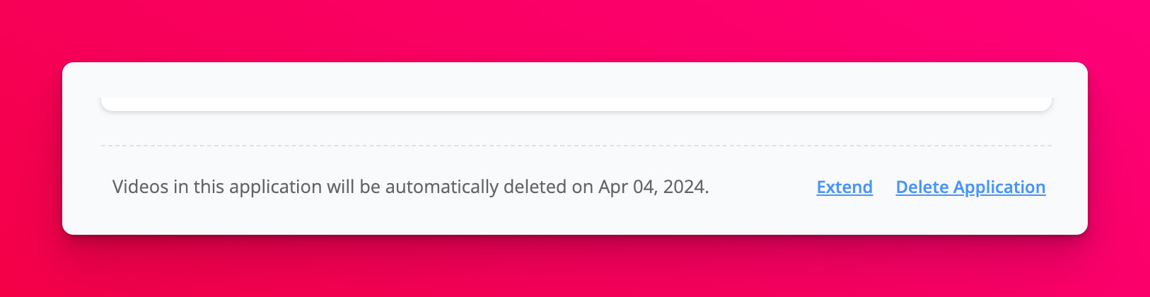 Application display showing video deletion timing